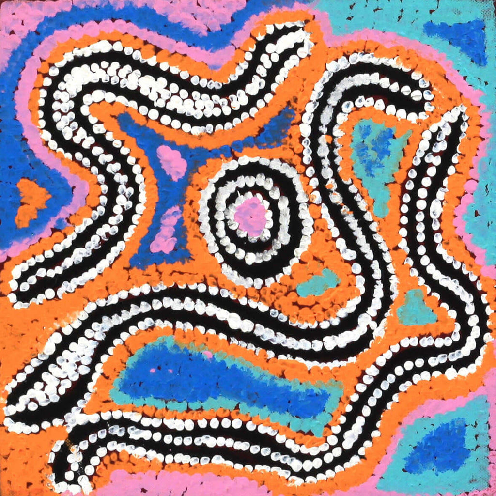Aboriginal Artwork by Bessie Nakamarra Sims, Ngarlajiyi Jukurrpa (Bush Carrot Dreaming), 30.5x30.5cm