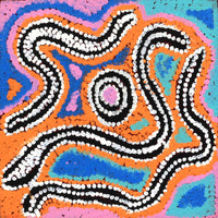 Aboriginal Artwork by Bessie Nakamarra Sims, Ngarlajiyi Jukurrpa (Bush Carrot Dreaming), 30.5x30.5cm