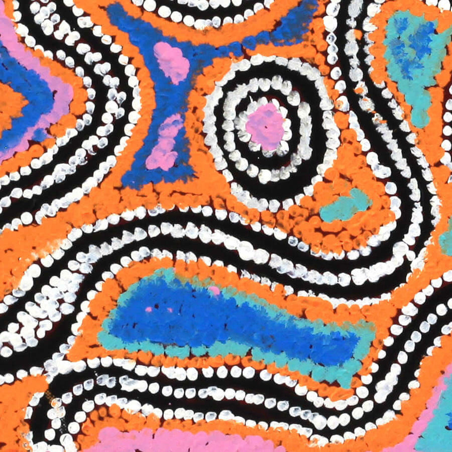 Aboriginal Artwork by Bessie Nakamarra Sims, Ngarlajiyi Jukurrpa (Bush Carrot Dreaming), 30.5x30.5cm
