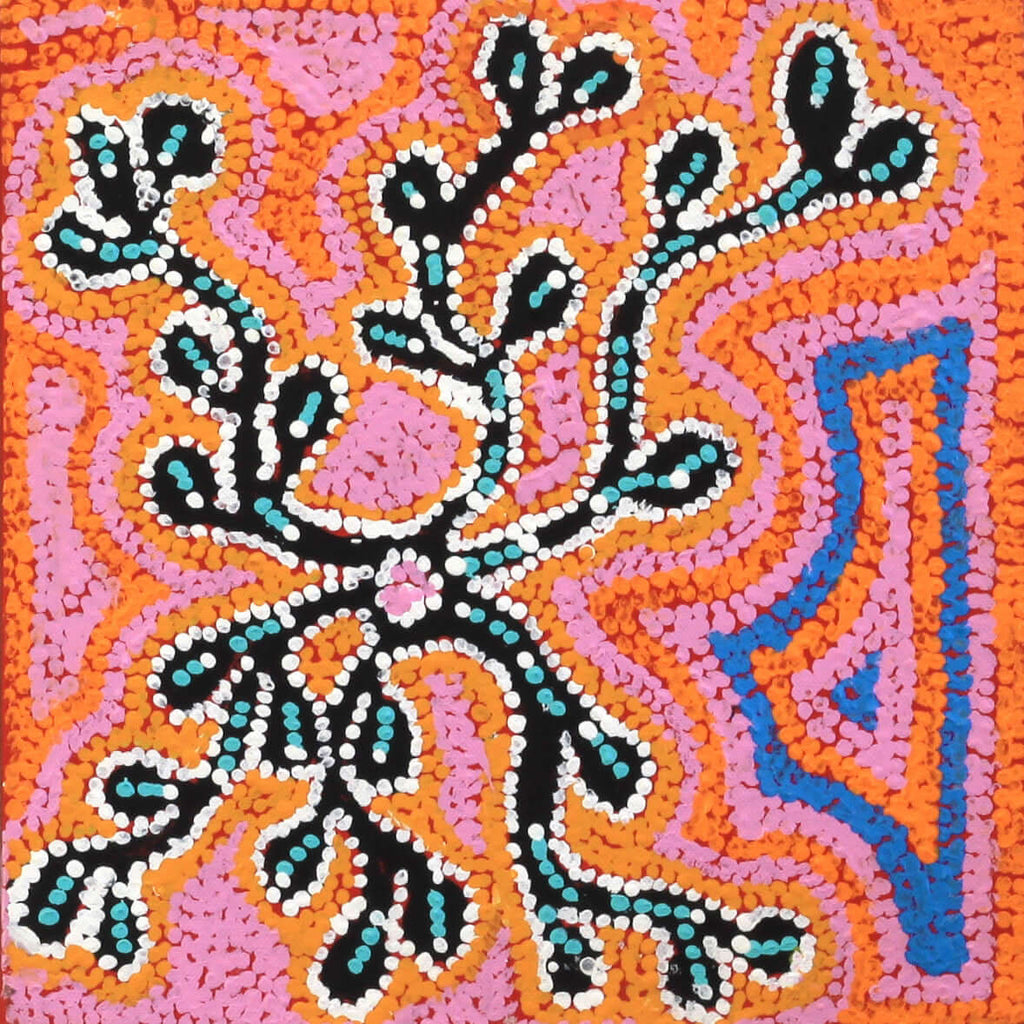 Aboriginal Artwork by Bessie Nakamarra Sims, The Mukaki Jukurrpa (wild plum Dreaming), 30.5x30.5cm