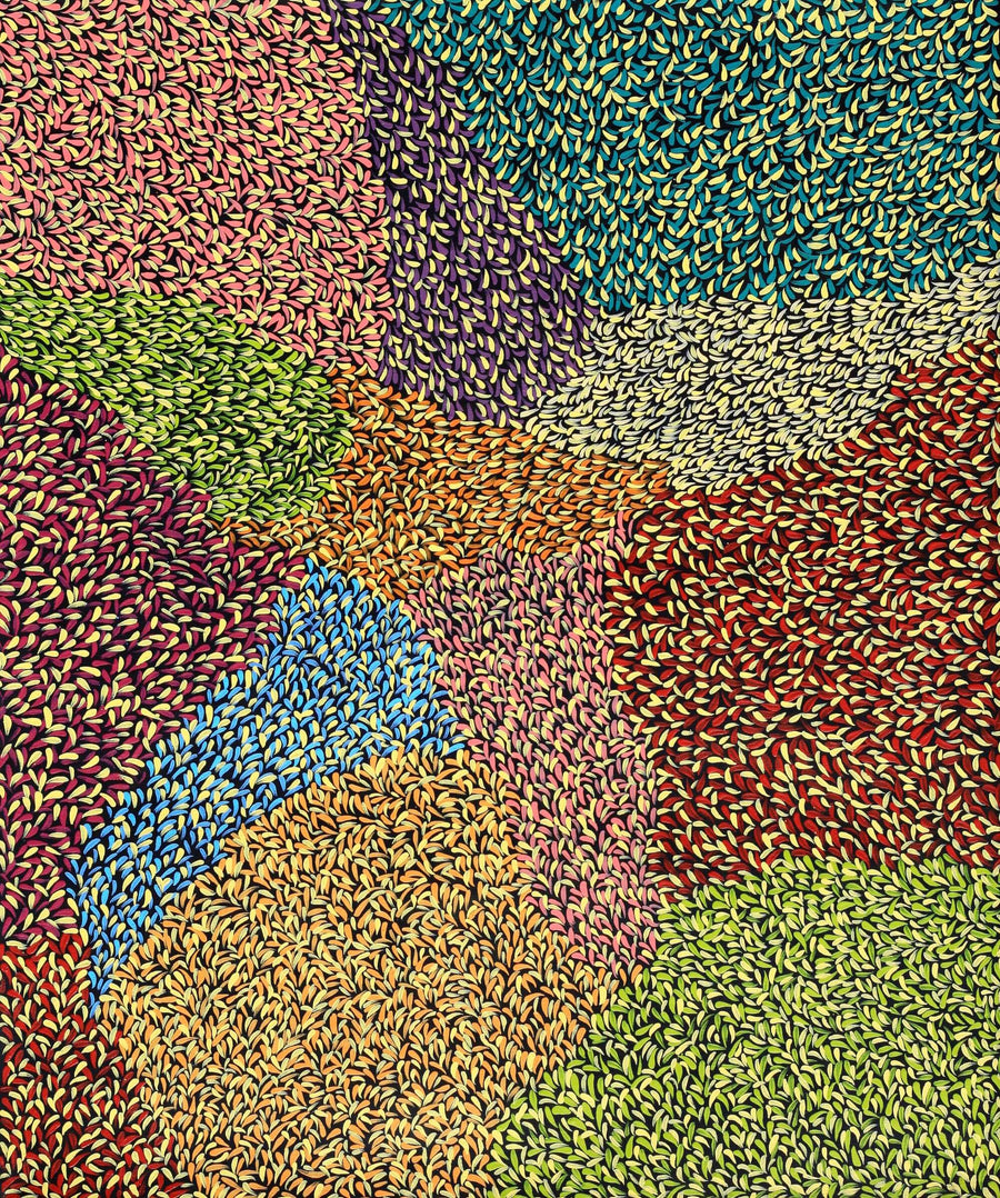 Aboriginal Artwork by Bianca Nampijinpa Turner, Simpson Desert Flowers, 91x76cm