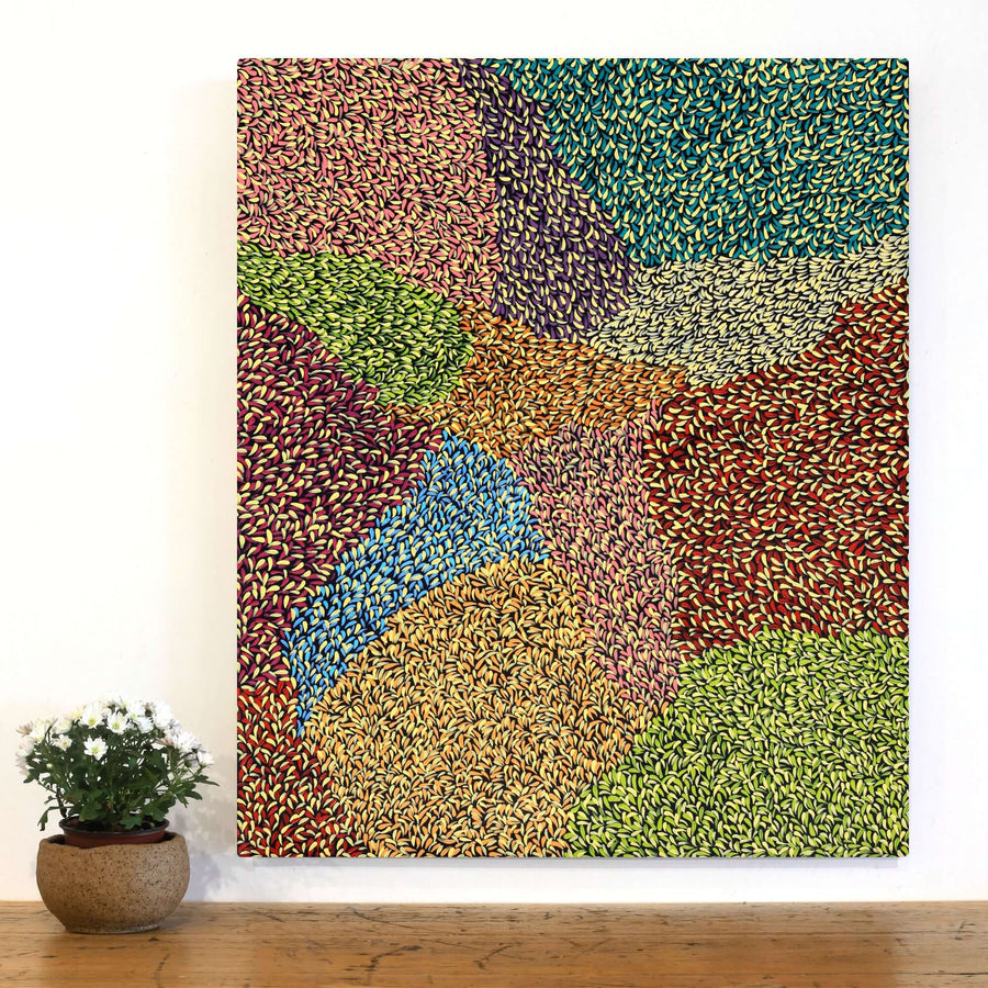 Aboriginal Artwork by Bianca Nampijinpa Turner, Simpson Desert Flowers, 91x76cm