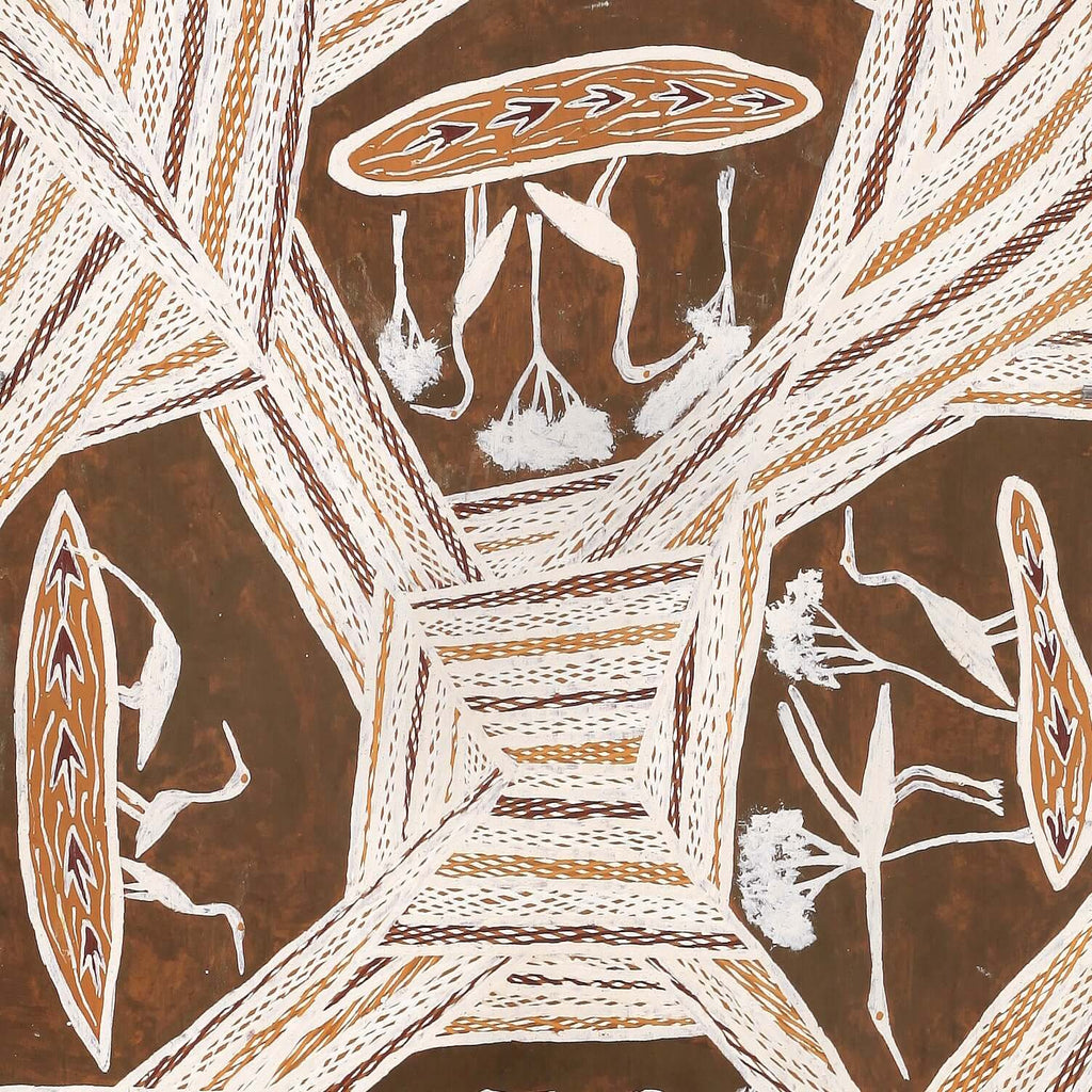 Aboriginal Artwork by Binygurr Wirrpanda Ivan, Dhuruputjpi, 72x38cm Bark