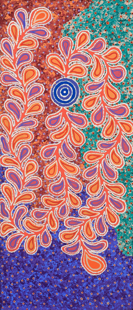 Aboriginal Artwork by Brenda Punytjina Armstrong, Kaliny-kalinypa / Ultukunpa Jukurrpa - Honey Grevillea Dreaming, 107x46cm