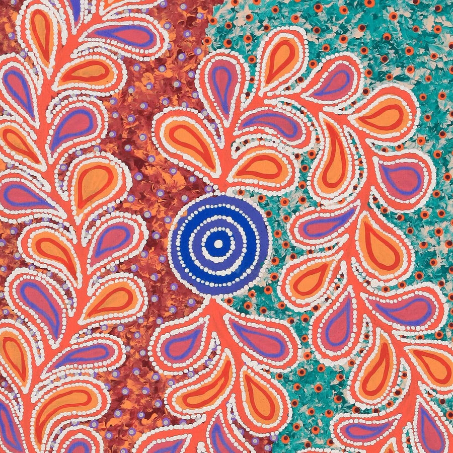 Aboriginal Artwork by Brenda Punytjina Armstrong, Kaliny-kalinypa / Ultukunpa Jukurrpa - Honey Grevillea Dreaming, 107x46cm
