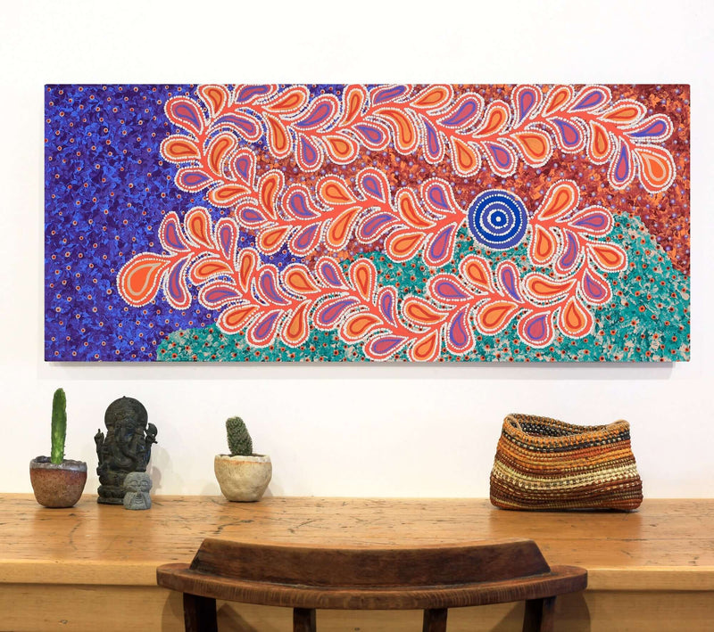 Aboriginal Artwork by Brenda Punytjina Armstrong, Kaliny-kalinypa / Ultukunpa Jukurrpa - Honey Grevillea Dreaming, 107x46cm