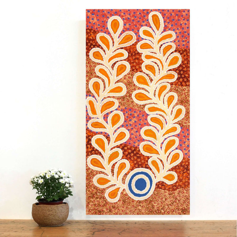 Aboriginal Artwork by Brenda Punytjina Armstrong, Kaliny-kalinypa / Ultukunpa Jukurrpa - Honey Grevillea Dreaming, 91x46cm