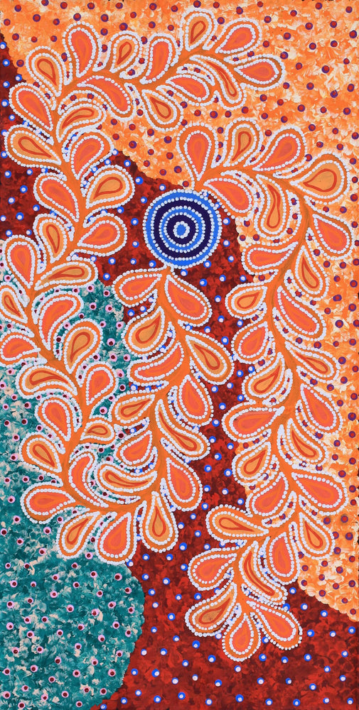 Aboriginal Artwork by Brenda Punytjina Armstrong, Kaliny-kalinypa / Ultukunpa Jukurrpa - Honey Grevillea Dreaming, 91x46cm