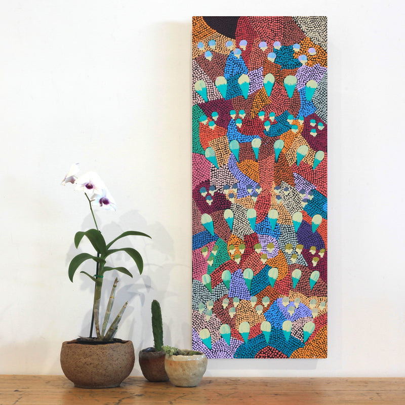 Aboriginal Artwork by Charlene Napanangka Marshall, Wanakiji Jukurrpa (Bush Tomato Dreaming), 76x30cm