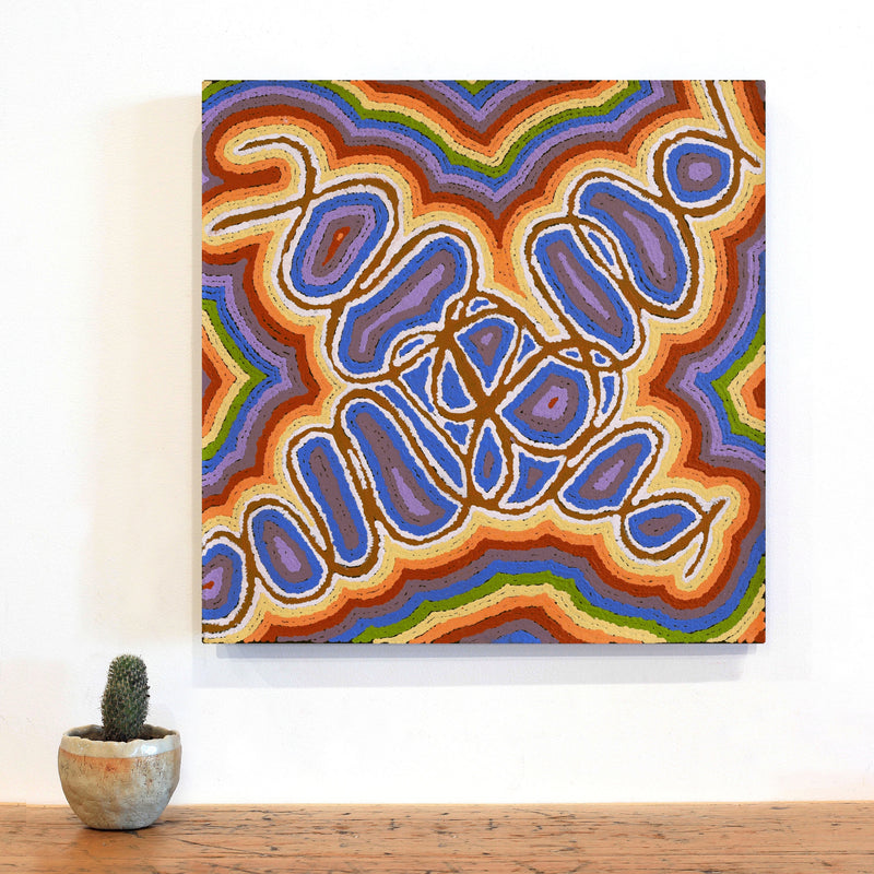 Aboriginal Artwork by Cheryl Nakamarra Walker, Yarla Jukurrpa (Bush Potato Dreaming) - Cockatoo Creek, 46x46cm
