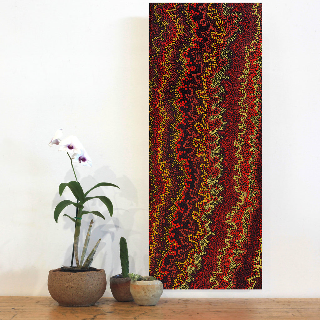 Aboriginal Artwork by Chriselda Nangala Egan, Watiya-warnu Jukurrpa (Seed Dreaming), 76x30cm