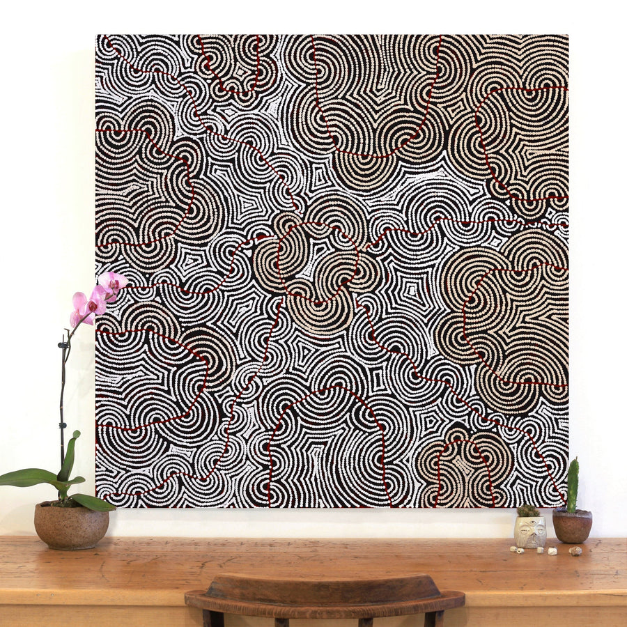 Aboriginal Artwork by Christine Nakamarra Curtis, Mina Mina Jukurrpa, 107x107cm