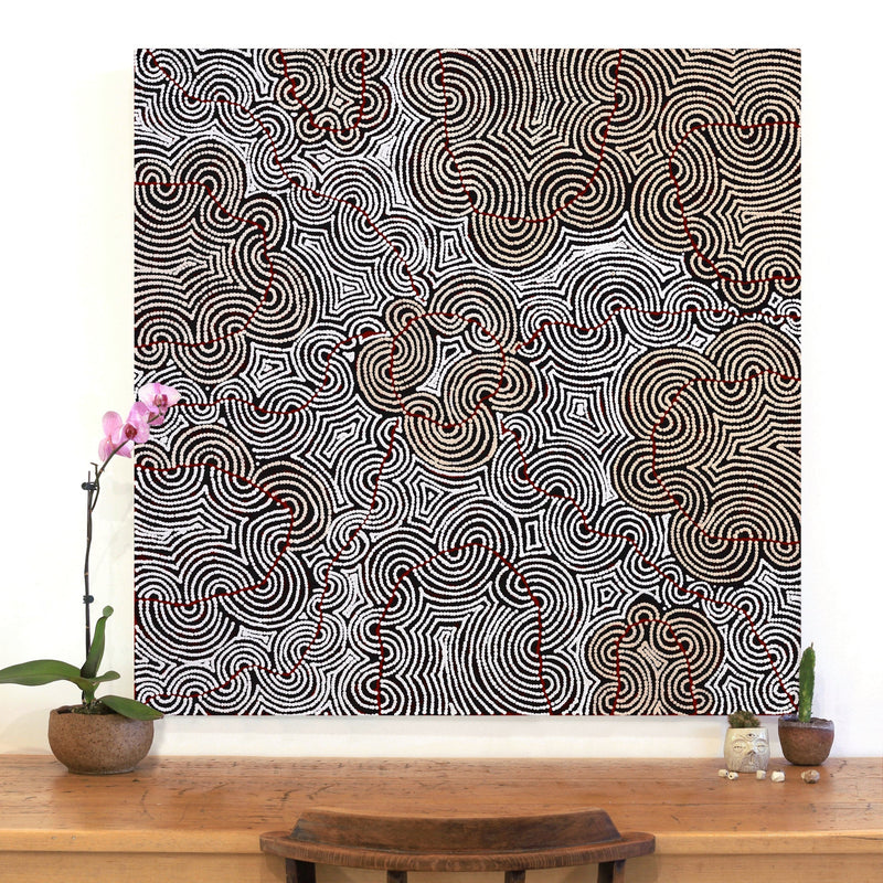 Aboriginal Artwork by Christine Nakamarra Curtis, Mina Mina Jukurrpa, 107x107cm