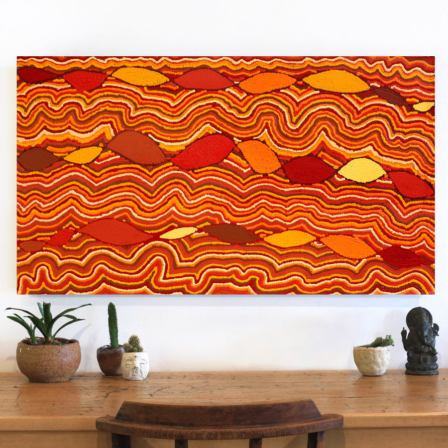 Aboriginal Artwork by Christine Nakamarra Curtis, Mina Mina Jukurrpa, 107x61cm