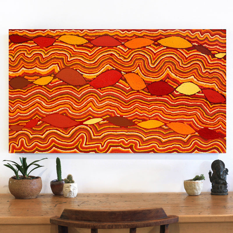 Aboriginal Artwork by Christine Nakamarra Curtis, Mina Mina Jukurrpa, 107x61cm