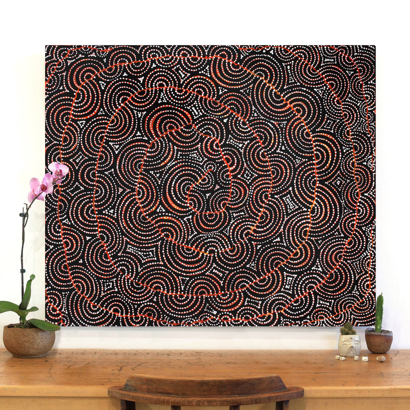 Aboriginal Artwork by Christine Nakamarra Curtis, Mina Mina Jukurrpa, 107x91cm