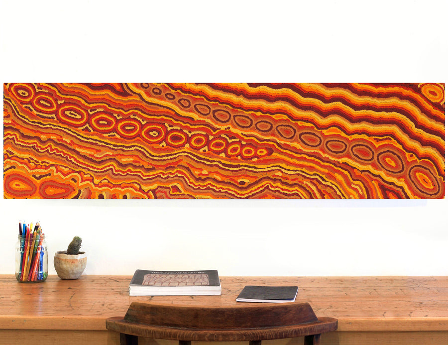 Aboriginal Artwork by Christine Nakamarra Curtis, Mina Mina Jukurrpa, 122x30cm