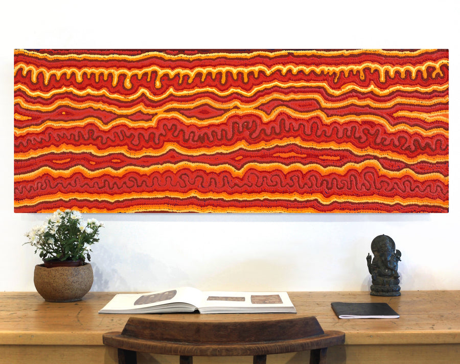 Aboriginal Artwork by Christine Nakamarra Curtis, Mina Mina Jukurrpa, 122x46cm