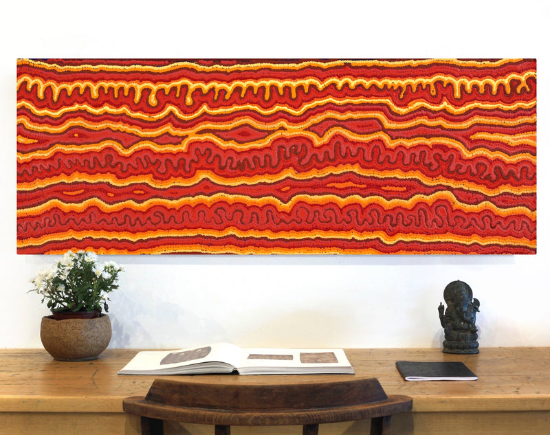 Aboriginal Artwork by Christine Nakamarra Curtis, Mina Mina Jukurrpa, 122x46cm