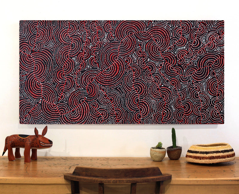 Aboriginal Artwork by Christine Nakamarra Curtis, Mina Mina Jukurrpa, 122x61cm