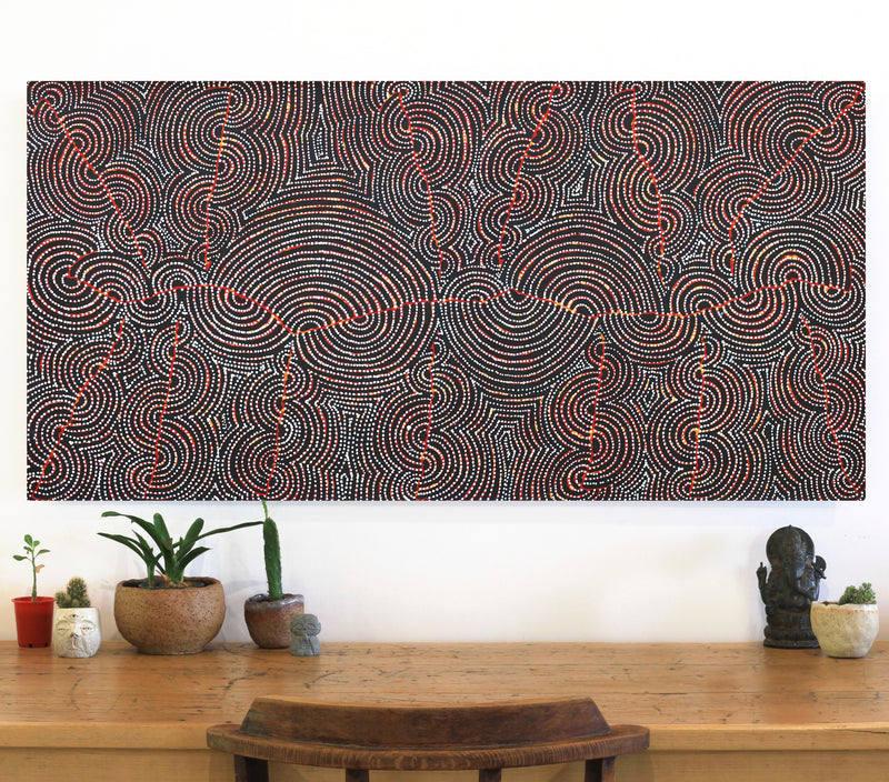 Aboriginal Artwork by Christine Nakamarra Curtis, Mina Mina Jukurrpa, 122x61cm