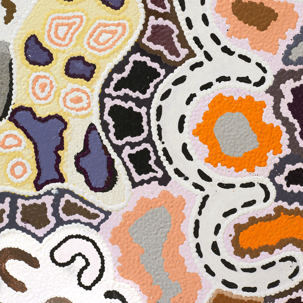Aboriginal Artwork by Clarise Nampijinpa Poulson, Ngapa Jukurrpa (Water Dreaming) - Mikanji, 107x76cm