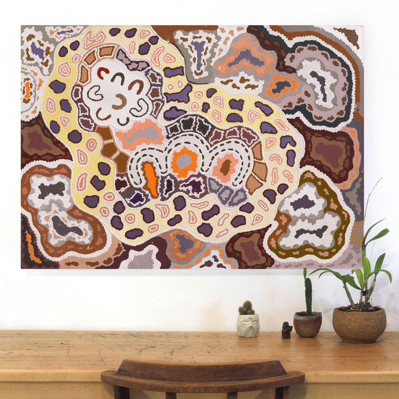 Aboriginal Artwork by Clarise Nampijinpa Poulson, Ngapa Jukurrpa (Water Dreaming) - Mikanji, 107x76cm