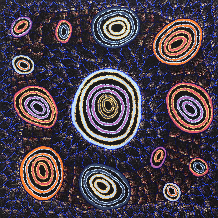 Aboriginal Artwork by Debbie Napaljarri Brown, Wanakiji Jukurrpa (Bush Tomato Dreaming), 91x91cm