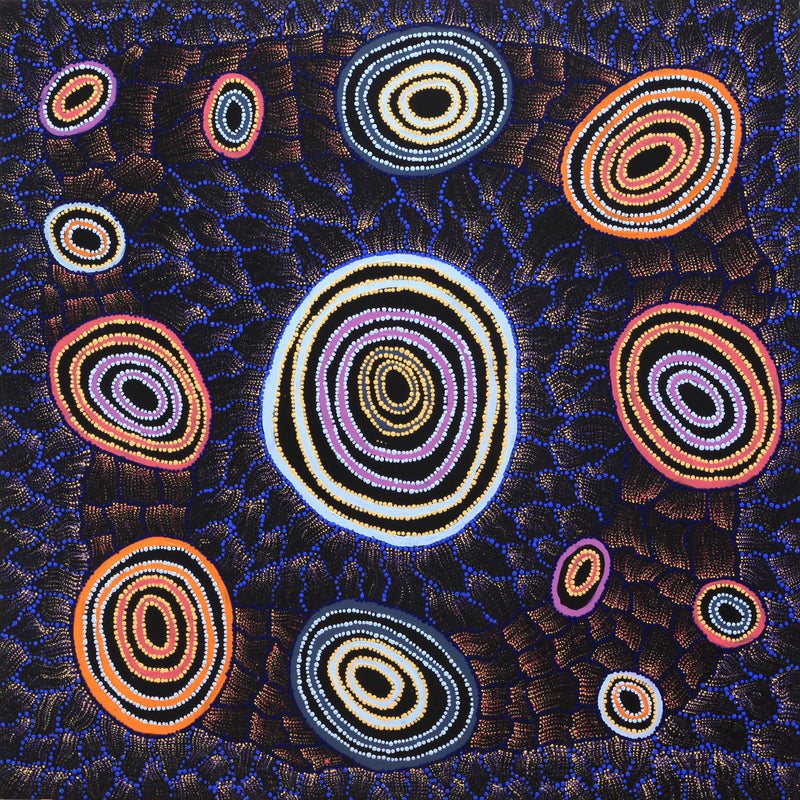 Aboriginal Artwork by Debbie Napaljarri Brown, Wanakiji Jukurrpa (Bush Tomato Dreaming), 91x91cm