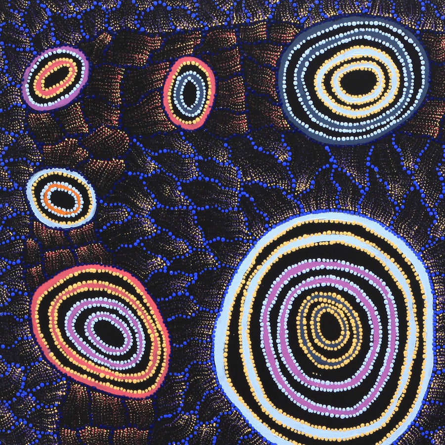 Aboriginal Artwork by Debbie Napaljarri Brown, Wanakiji Jukurrpa (Bush Tomato Dreaming), 91x91cm