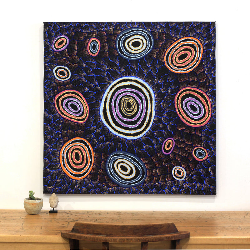 Aboriginal Artwork by Debbie Napaljarri Brown, Wanakiji Jukurrpa (Bush Tomato Dreaming), 91x91cm