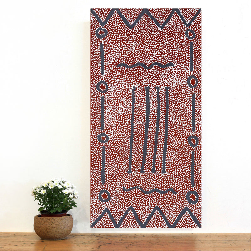 Aboriginal Artwork by Desmond Japangardi Williams, Ngapa Jukurrpa - Pirlinyarnu, 91x46cm