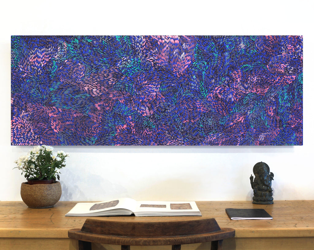 Aboriginal Artwork by Daphne Napurrula Marks, Yalka at Karrkurutinytja (Bush onion Dreaming at Lake Macdonald), 122x46cm