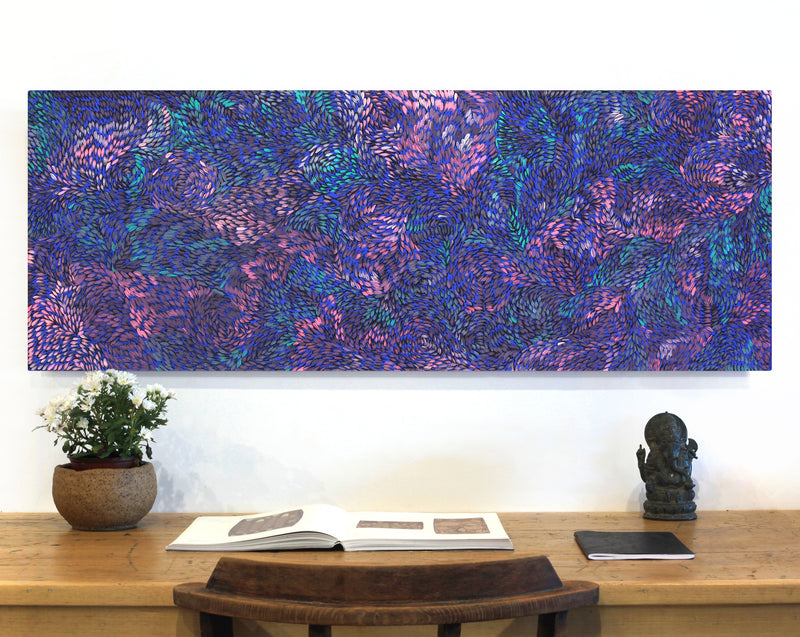 Aboriginal Artwork by Daphne Napurrula Marks, Yalka at Karrkurutinytja (Bush onion Dreaming at Lake Macdonald), 122x46cm