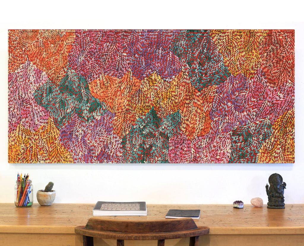 Aboriginal Artwork by Daphne Napurrula Marks, Yalka at Karrkurutinytja (Bush onion Dreaming at Lake Macdonald), 150x70cm