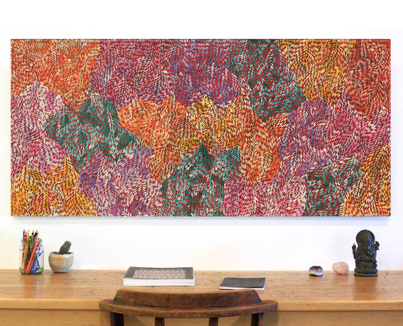 Aboriginal Artwork by Daphne Napurrula Marks, Yalka at Karrkurutinytja (Bush onion Dreaming at Lake Macdonald), 150x70cm