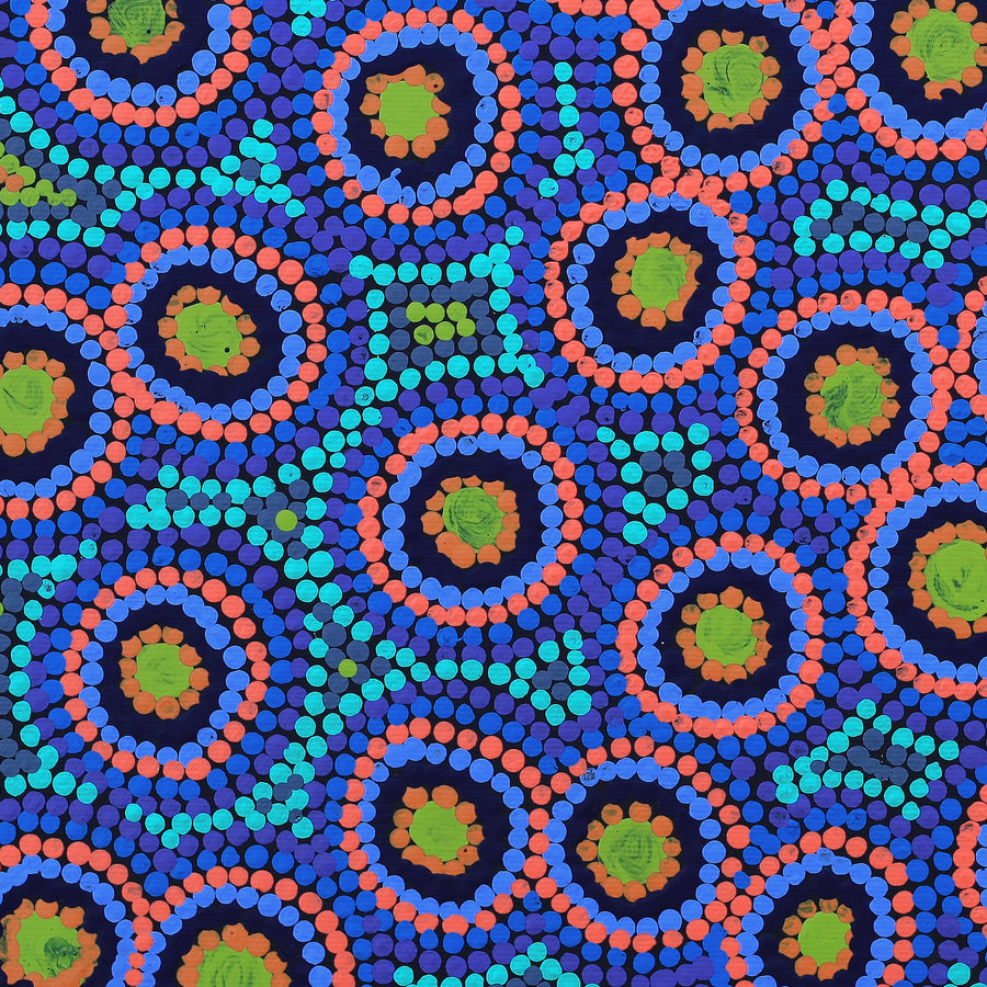 Aboriginal Artwork by Daphne Napurrurla White, Yawakiyi Jukurrpa (Native Currant Dreaming), 30x30cm