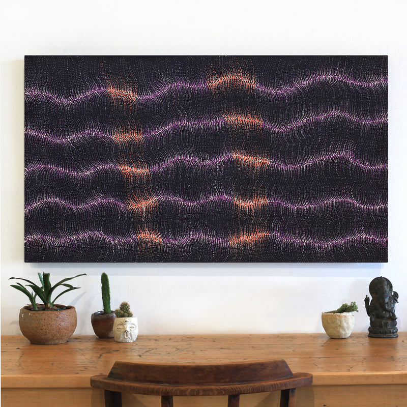 Aboriginal Artwork by Debbie Napaljarri Brown, Wanakiji Jukurrpa (Bush Tomato Dreaming), 107x61cm