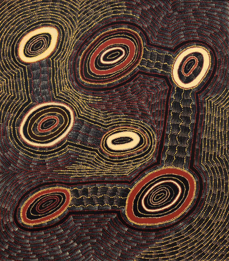 Aboriginal Artwork by Debbie Napaljarri Brown, Wanakiji Jukurrpa (Bush Tomato Dreaming), 122x107cm