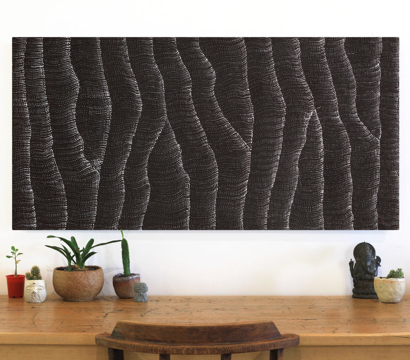 Aboriginal Artwork by Debbie Napaljarri Brown, Wanakiji Jukurrpa (Bush Tomato Dreaming), 122x61cm