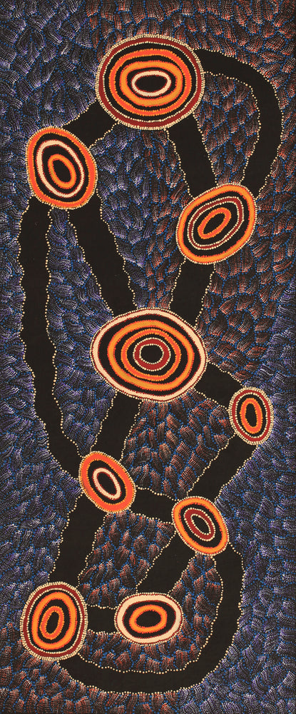 Aboriginal Artwork by Debbie Napaljarri Brown, Wanakiji Jukurrpa (Bush Tomato Dreaming), 183x76cm