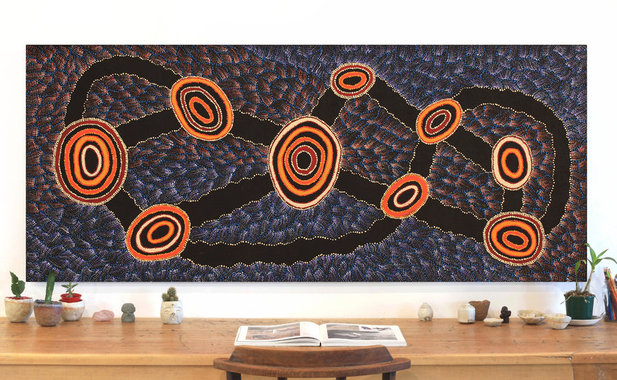 Aboriginal Artwork by Debbie Napaljarri Brown, Wanakiji Jukurrpa (Bush Tomato Dreaming), 183x76cm