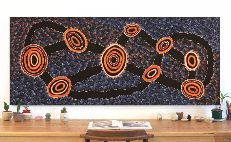 Aboriginal Artwork by Debbie Napaljarri Brown, Wanakiji Jukurrpa (Bush Tomato Dreaming), 183x76cm