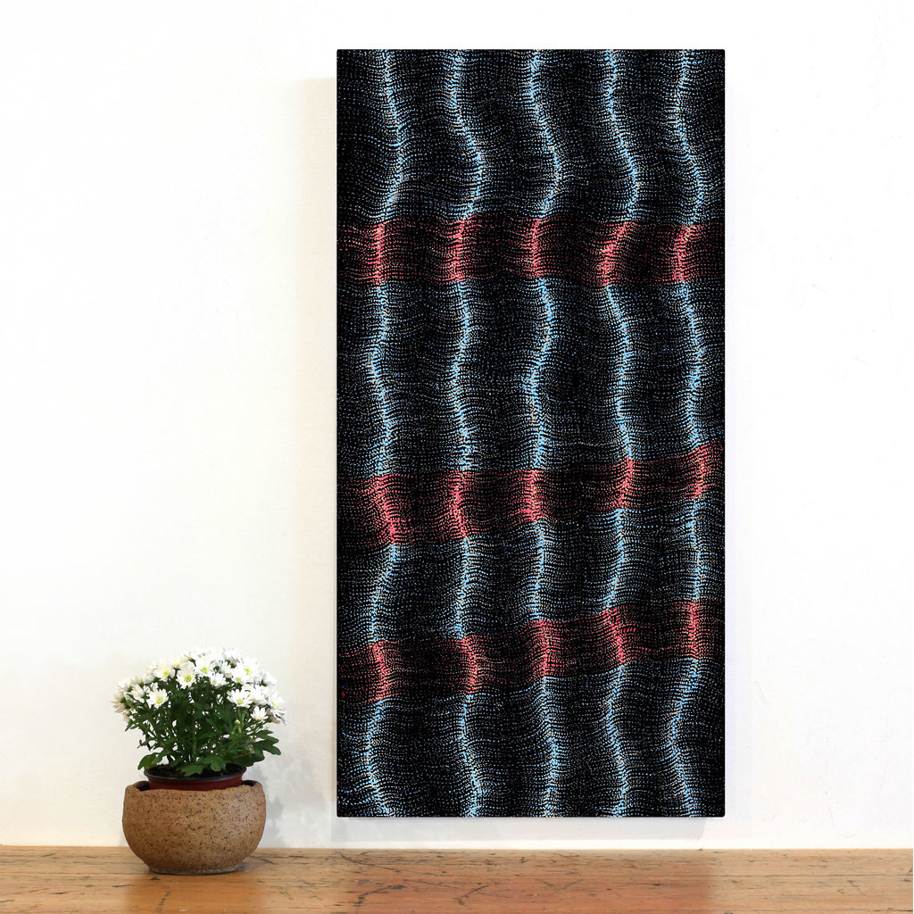 Aboriginal Artwork by Debbie Napaljarri Brown, Wanakiji Jukurrpa (Bush Tomato Dreaming), 91x46cm