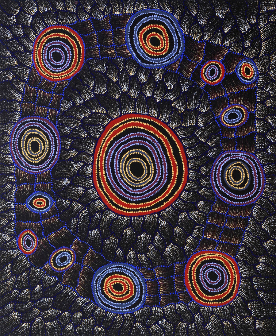 Aboriginal Artwork by Debbie Napaljarri Brown, Wanakiji Jukurrpa (Bush Tomato Dreaming), 91x76cm