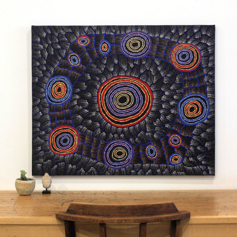 Aboriginal Artwork by Debbie Napaljarri Brown, Wanakiji Jukurrpa (Bush Tomato Dreaming), 91x76cm