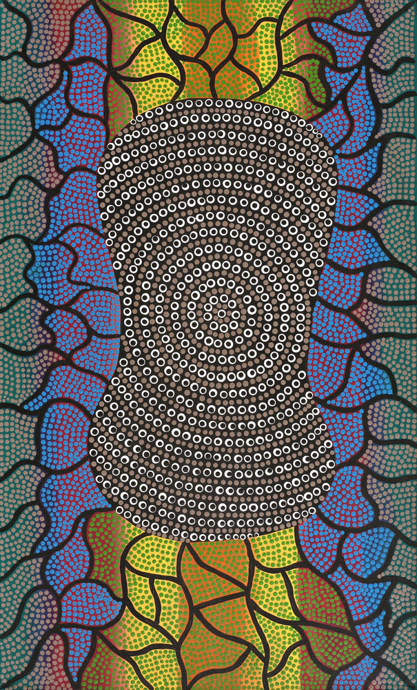 Aboriginal Artwork by Delvene Napangardi Langdon, Wanakiji Jukurrpa (Bush Tomato Dreaming), 76x46cm