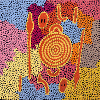 Aboriginal Artwork by Denny Jampijinpa Frank, Wati-jarra Jukurrpa (Two Men Dreaming), 30x30cm