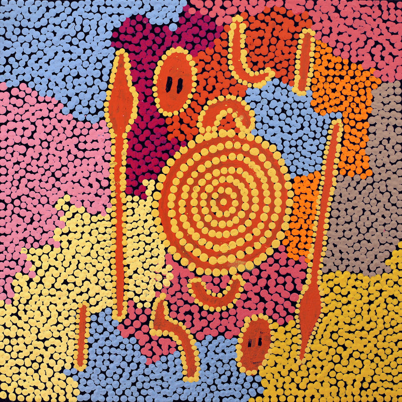 Aboriginal Artwork by Denny Jampijinpa Frank, Wati-jarra Jukurrpa (Two Men Dreaming), 30x30cm