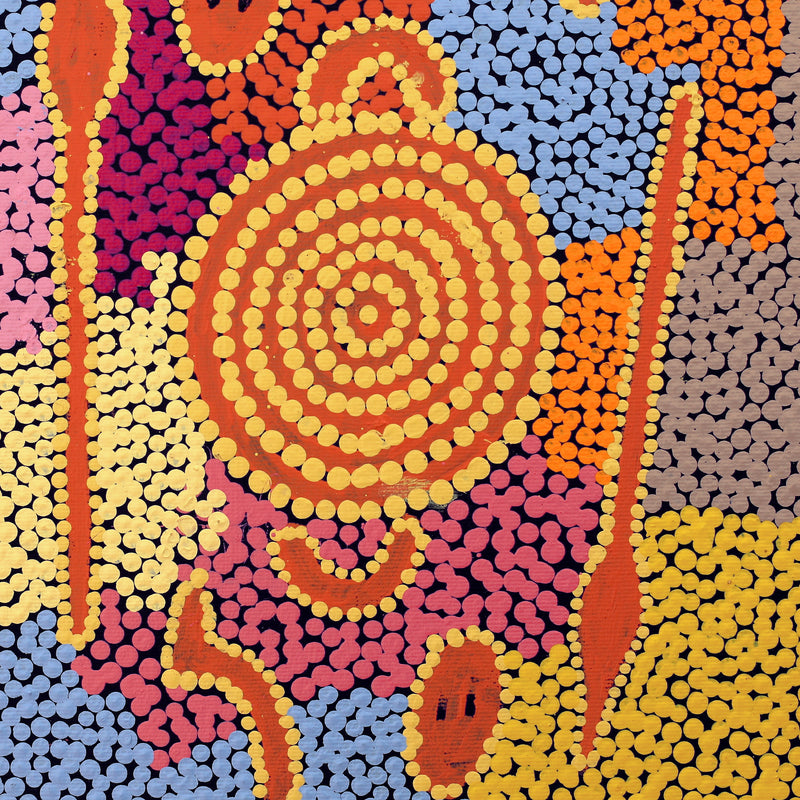 Aboriginal Artwork by Denny Jampijinpa Frank, Wati-jarra Jukurrpa (Two Men Dreaming), 30x30cm